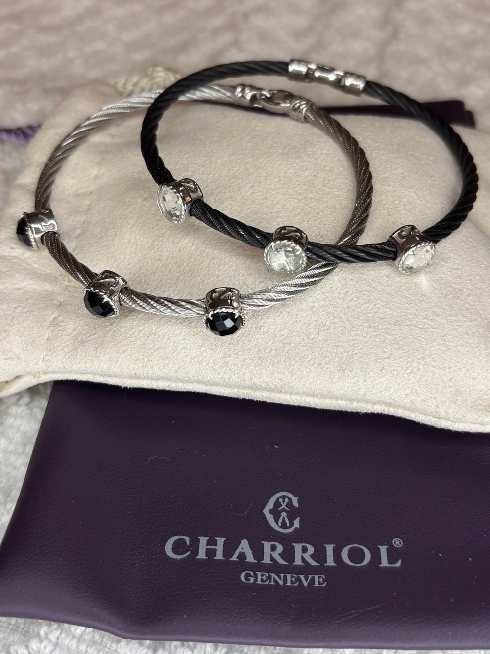 💕Charriol Women’s Cable Bracelet Set in‎ Black and Silver with Crystal Accents